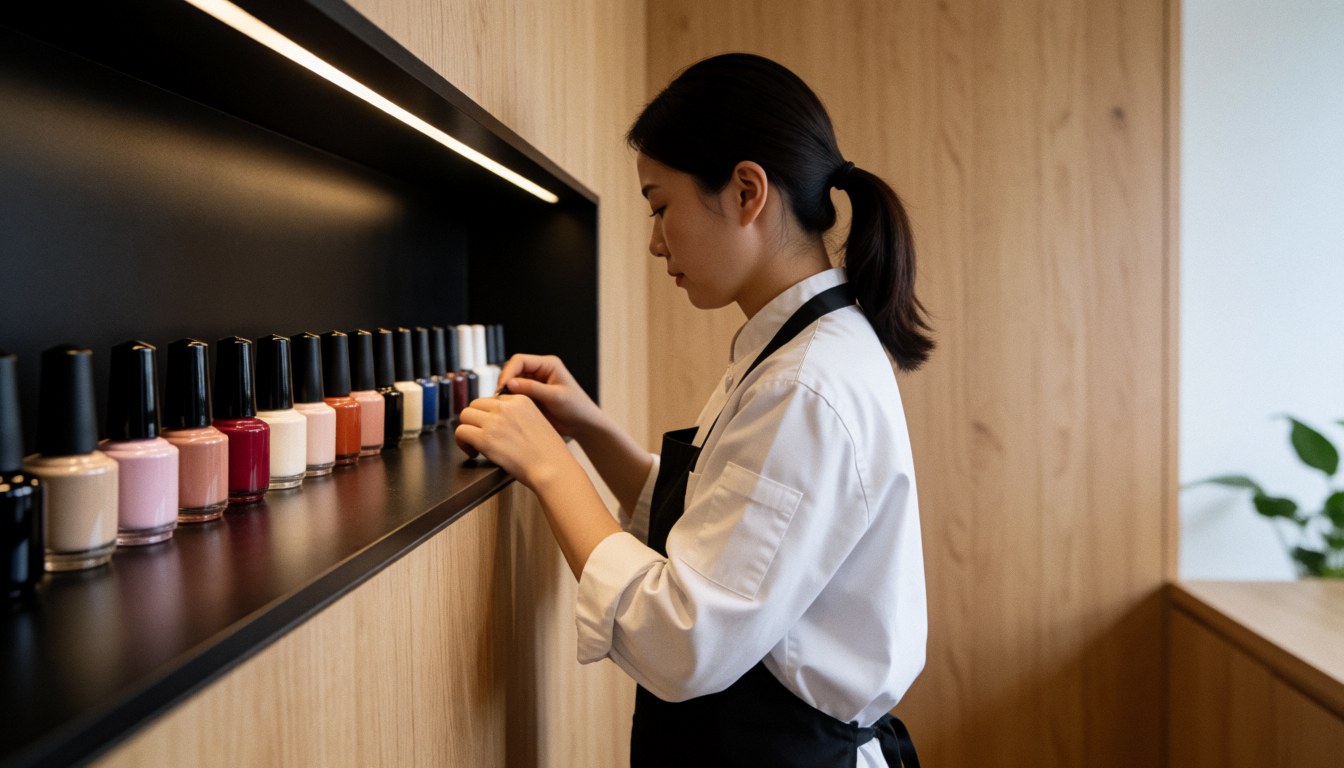 A manicurist in a white uniform and black apron selects a nail gel color from a row of bottles on a black shelf.
