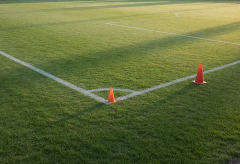 Orange training cones on a green soccer field with white lines and long shadows from the morning light