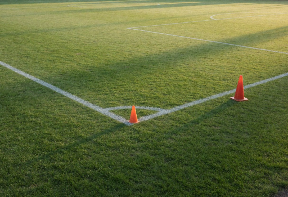 Orange training cones on a green soccer field with white lines and long shadows from the morning light