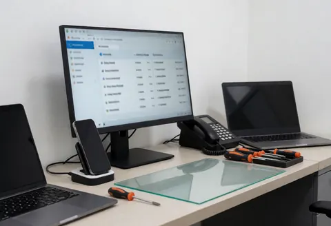 Clean professional cell phone repair desk with diagnostic monitor, screwdrivers, and phone on charger