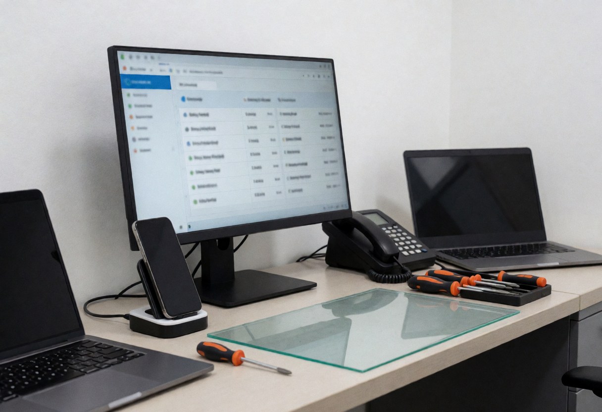Clean professional cell phone repair desk with diagnostic monitor, screwdrivers, and phone on charger