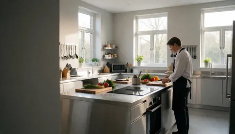 A person chopping fresh vegetables in a clean, modern kitchen with large windows and gray walls, suitable for a professional hostel setting.