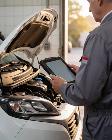 Mechanic in gray uniform checks camper engine with digital tablet in well-lit workshop