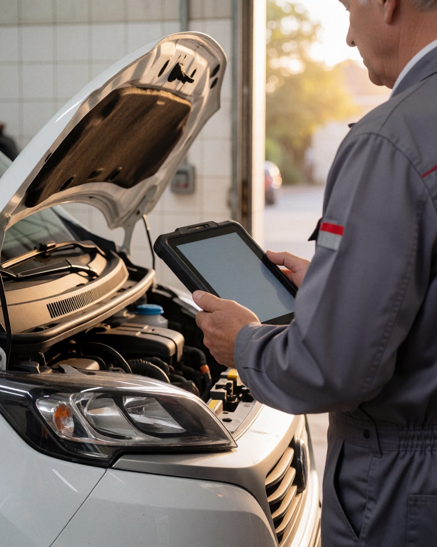 Mechanic in gray uniform checks camper engine with digital tablet in well-lit workshop