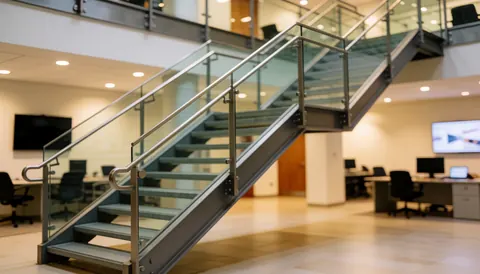 Modern metal and glass staircase in an office lobby with warm lighting, ideal for text background.