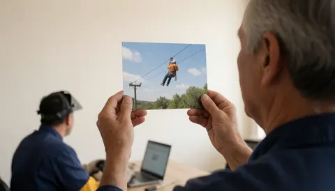 Person holding a photo of a zipline activity with an office background