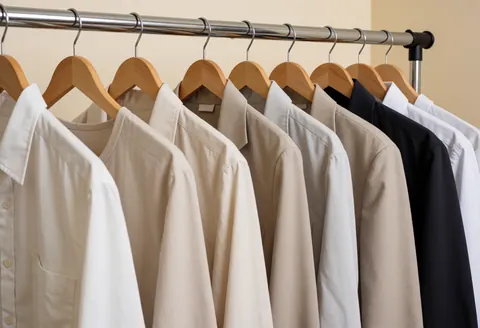 Dress clothes hanging on wooden hangers over a metal rod against a beige wall, suitable for portrait photographers.