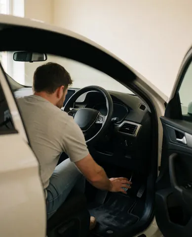 A satisfied customer checking the cleanliness of car floor mats inside a vehicle after a professional car wash service