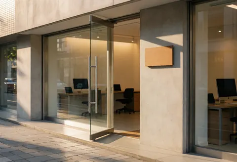 Glass door entrance to a photography studio featuring work tables, office chairs, concrete walls, and warm afternoon light.