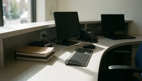 Modern reception desk featuring a keyboard, mouse, phone, and appointment books under natural light, suitable for auto body and paint service backgrounds.
