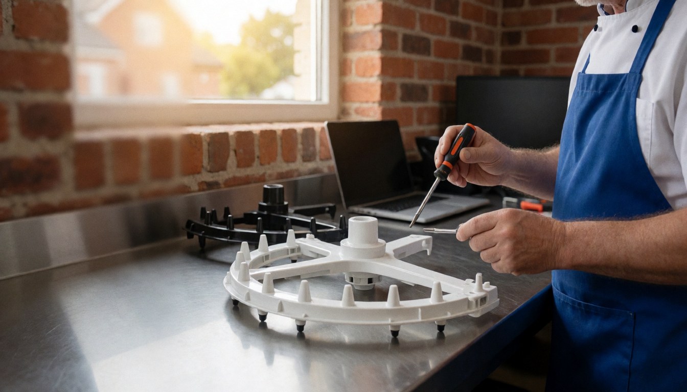 Technician repairing a white dishwasher spray arm on a stainless steel workbench in a workshop with a red brick wall.