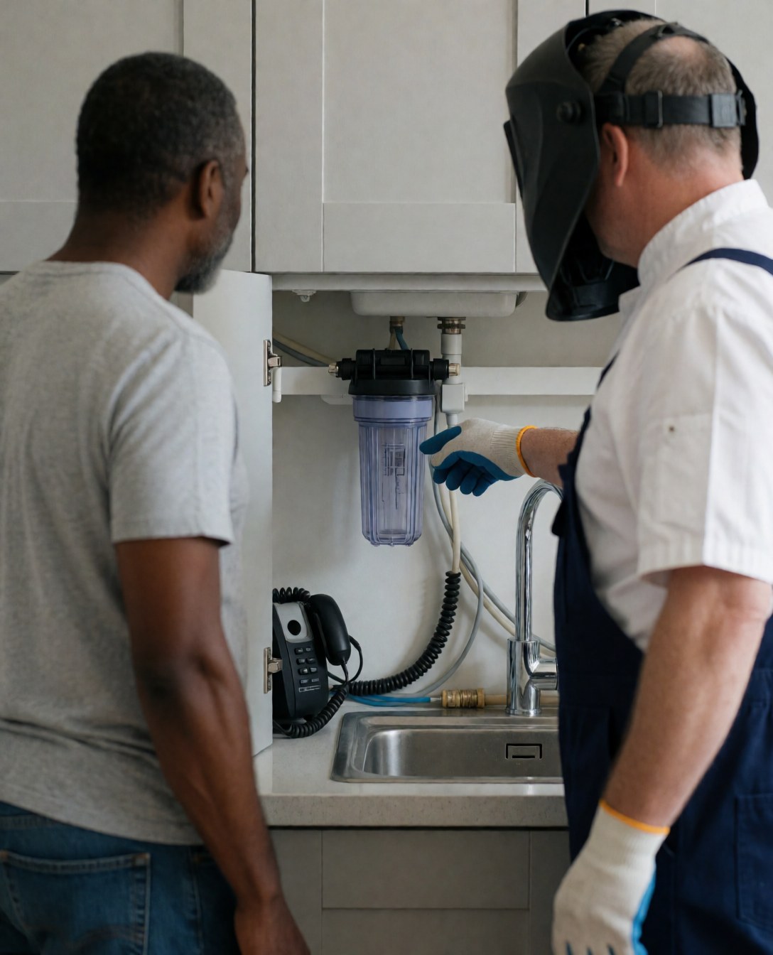 A plumber wearing gloves installs a water filtration system under a modern kitchen sink while a client observes the work being done.