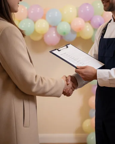 Event decorator and client sign a checklist near pastel balloons against a beige wall during an event setup