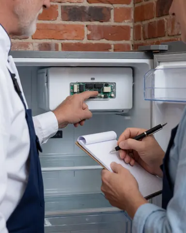 Technician pointing at the electronic control circuit inside a refrigerator during a repair service