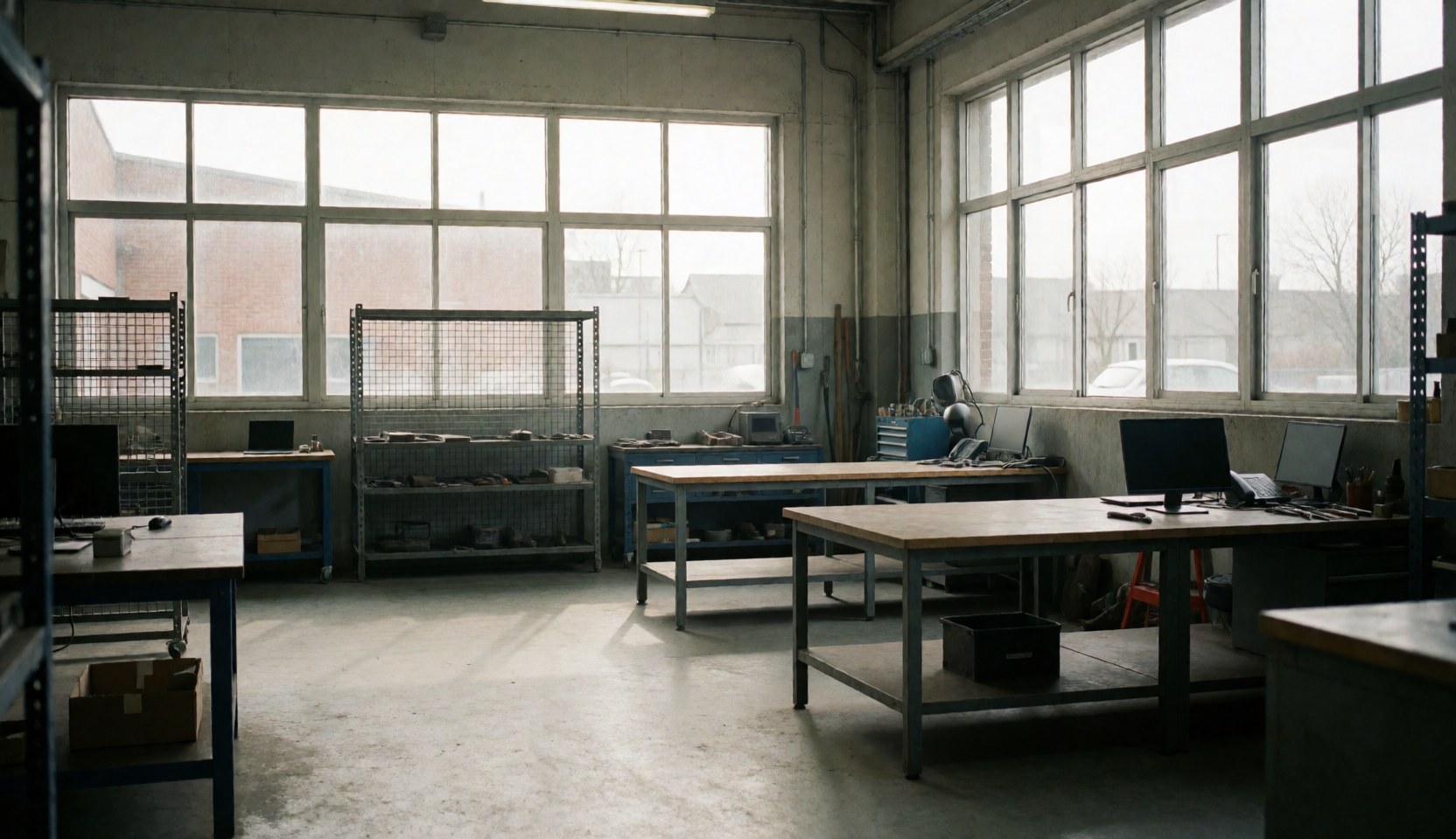 Empty industrial workshop featuring work tables, metal shelving units, and large windows letting in natural light, suitable for industrial service text overlays