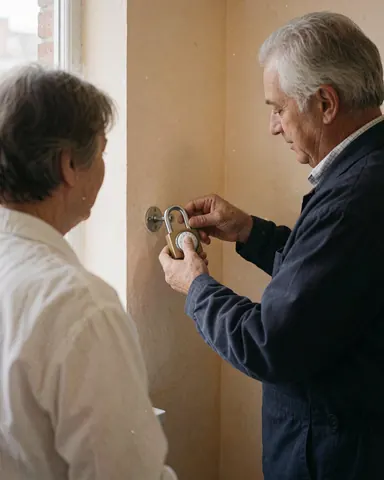 A locksmith installs a combination padlock on a beige wall while a client watches closely in natural light.