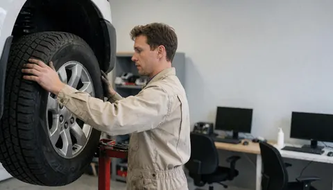 Technician adjusting an LT tire mounted on a vehicle in a workshop with visible tools and work equipment.
