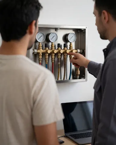 Technician pointing to heating valves and gauges on a wall-mounted brass manifold during a service inspection.