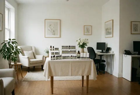 Wooden table covered with white cloth holding flower remedy bottles in a bright homeopathy clinic interior with comfortable chair and plant