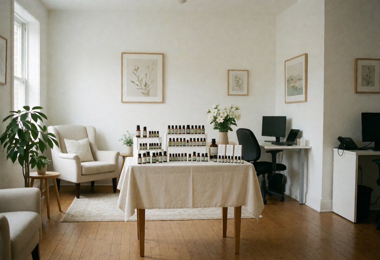 Wooden table covered with white cloth holding flower remedy bottles in a bright homeopathy clinic interior with comfortable chair and plant