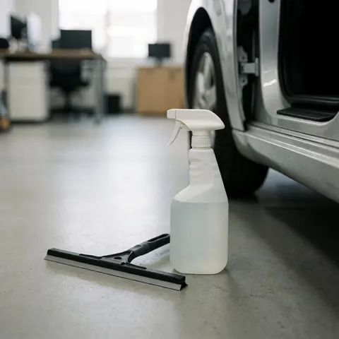 Bottle of cleaner and squeegee on gray concrete floor beside open car door in auto wash shop