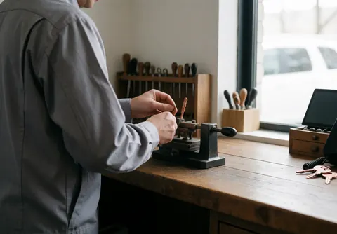 A locksmith uses a key cutting machine to shape a copper key on a wooden workbench with tools nearby