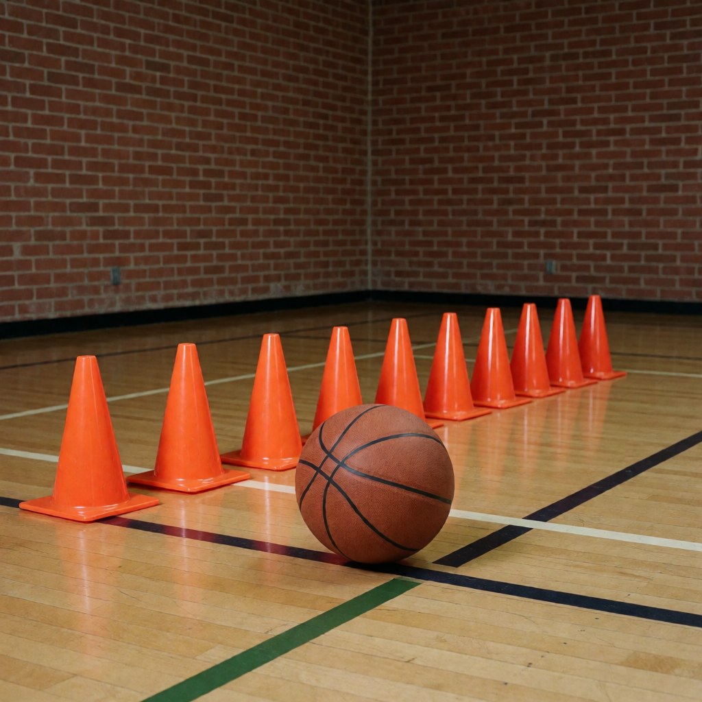 Orange basketball and training cones on a wooden gym floor with a brick wall background for basketball practice