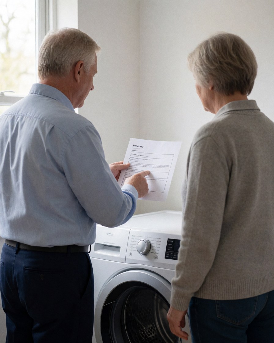 Technician explains washing machine repair to a customer at home, holding the manual near the appliance with natural light from a window.