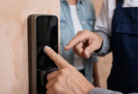 A customer tests a newly installed smart padlock while a locksmith stands nearby against a light terracotta wall.