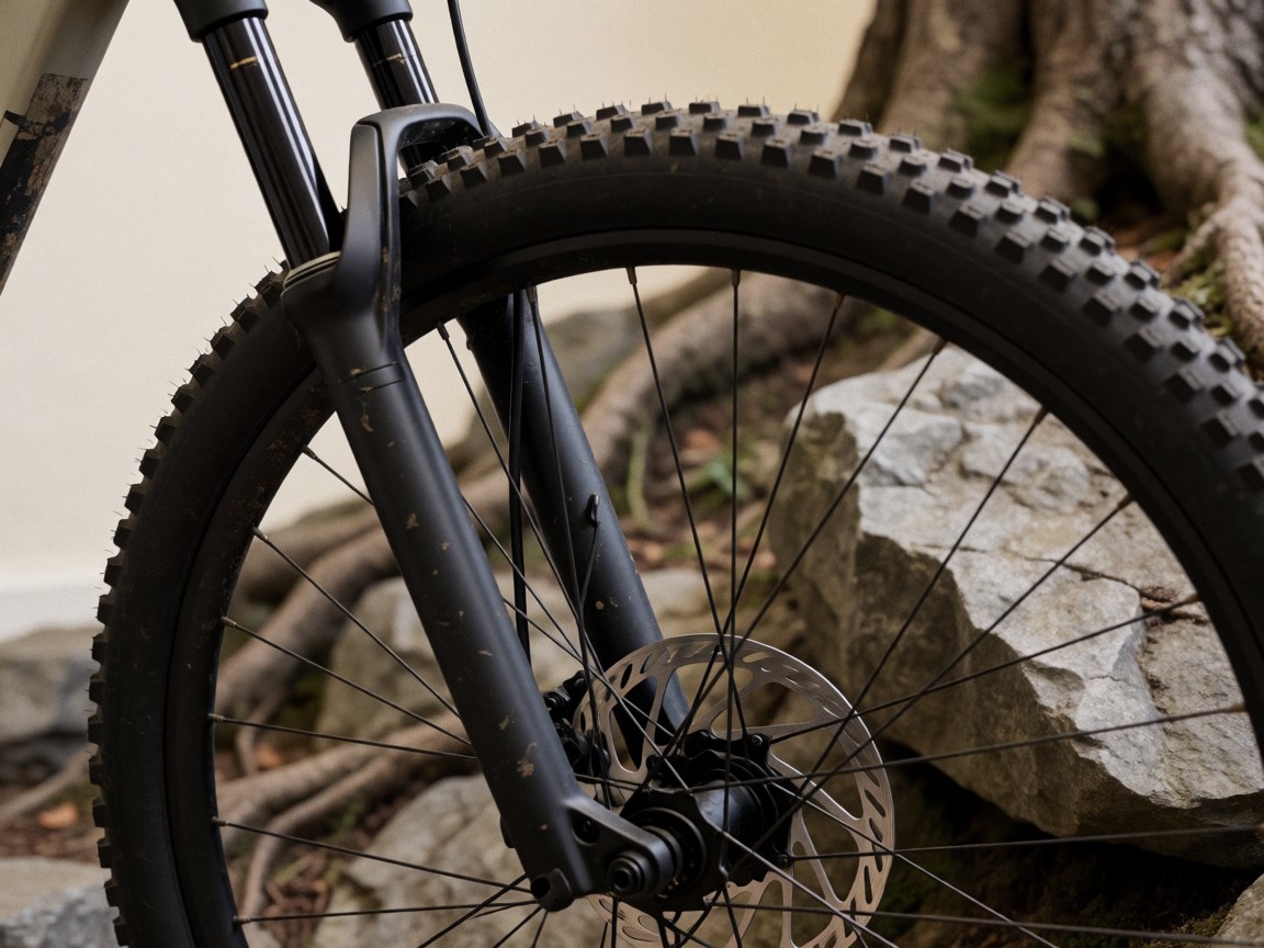 Close-up of a mountain bike disc brake and wheel on rocky ground, ideal for cycling coaches showcasing rugged terrain and equipment details.
