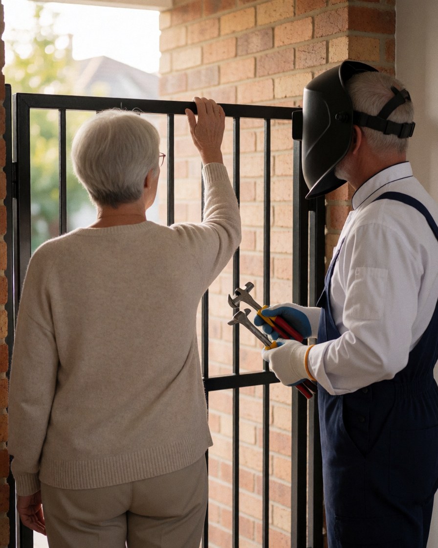 A satisfied homeowner inspects a newly installed security door, with an installer and tools nearby against a brick wall in soft light.