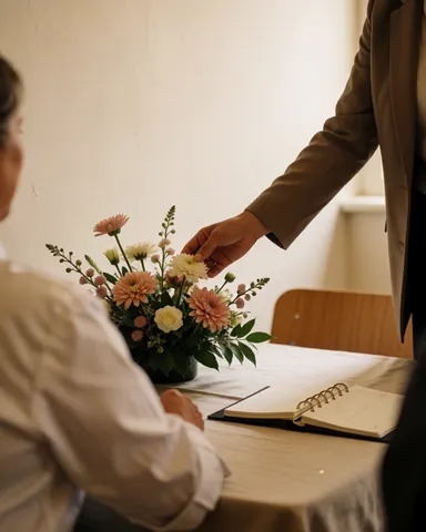 Wedding planner adjusts a flower on a centerpiece while a client sits nearby with an open notebook in a warm, realistic setting.