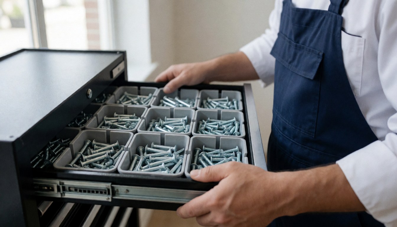A professional worker organizing screws and anchors in a toolbox, illuminated by natural light, for a furniture assembly service