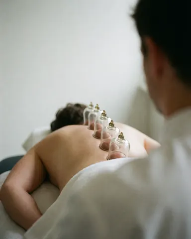 Therapist applying cupping cups to a client's back in a massage clinic with soft lighting and white background