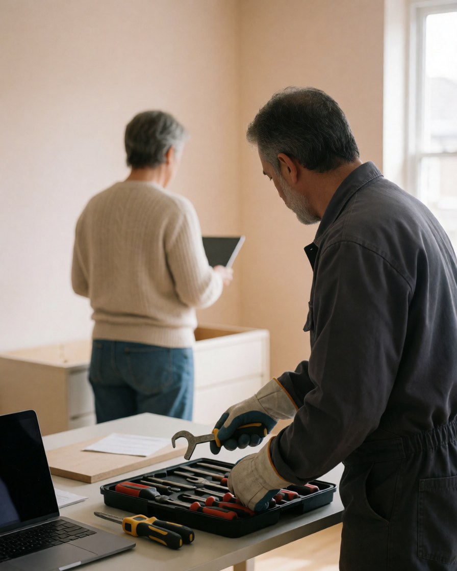 Furniture assembler packs tools into a case while a customer watches the newly assembled piece in a room with beige walls.
