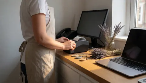 Professional in traditional medicine store with dried lavender and amulets in cash register, warm light from window.