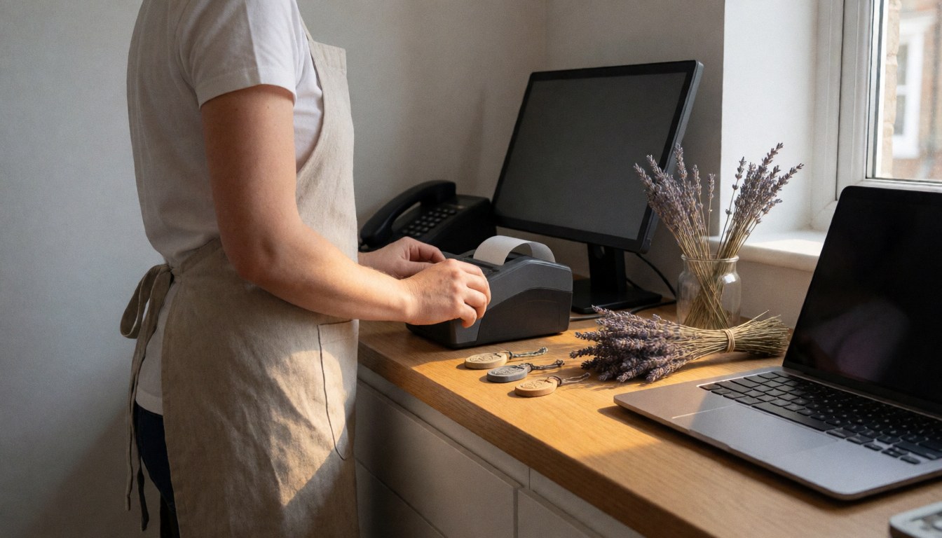 Professional in traditional medicine store with dried lavender and amulets in cash register, warm light from window.