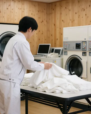 Worker folding white clothes on a table with industrial machines and light wood walls in background