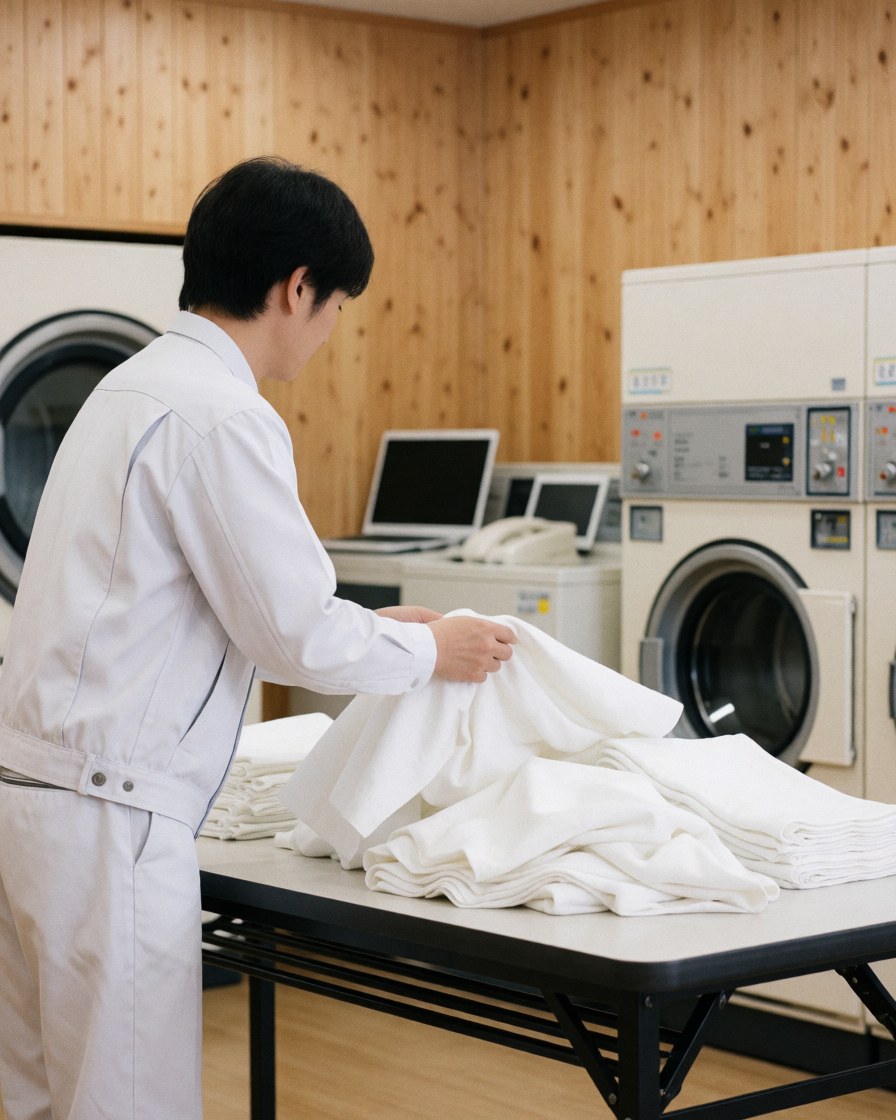Worker folding white clothes on a table with industrial machines and light wood walls in background