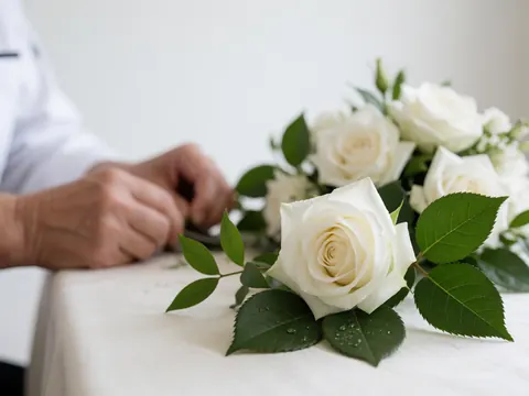 Close-up of a white rose with water droplets in a wedding floral arrangement, highlighting elegant details for wedding photographers.