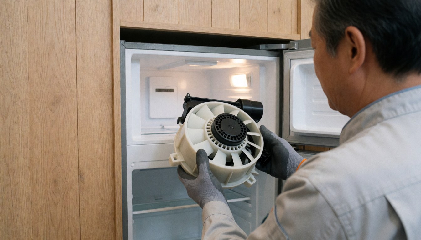 Technician holding a refrigerator evaporator during a repair service, showcasing professional appliance maintenance work.