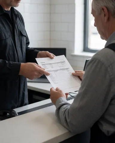 A customer reviews a service invoice with a mechanic in a workshop with white tiled walls and natural light