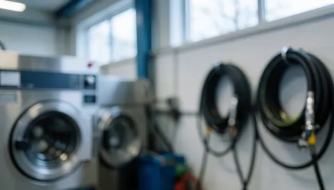 Clean car wash background with high-pressure hoses and industrial equipment, natural light from high windows, professional atmosphere.