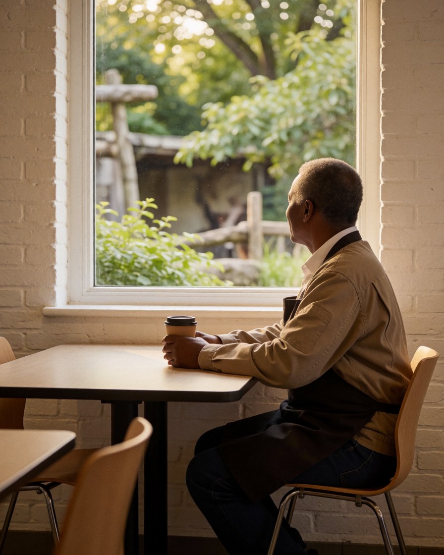A visitor enjoys coffee at the zoo cafe, looking out the window toward the animal enclosures with greenery.