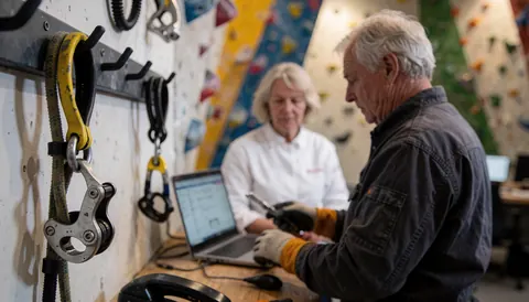 A climbing instructor checks information on a laptop while safety equipment hangs on an indoor climbing wall.
