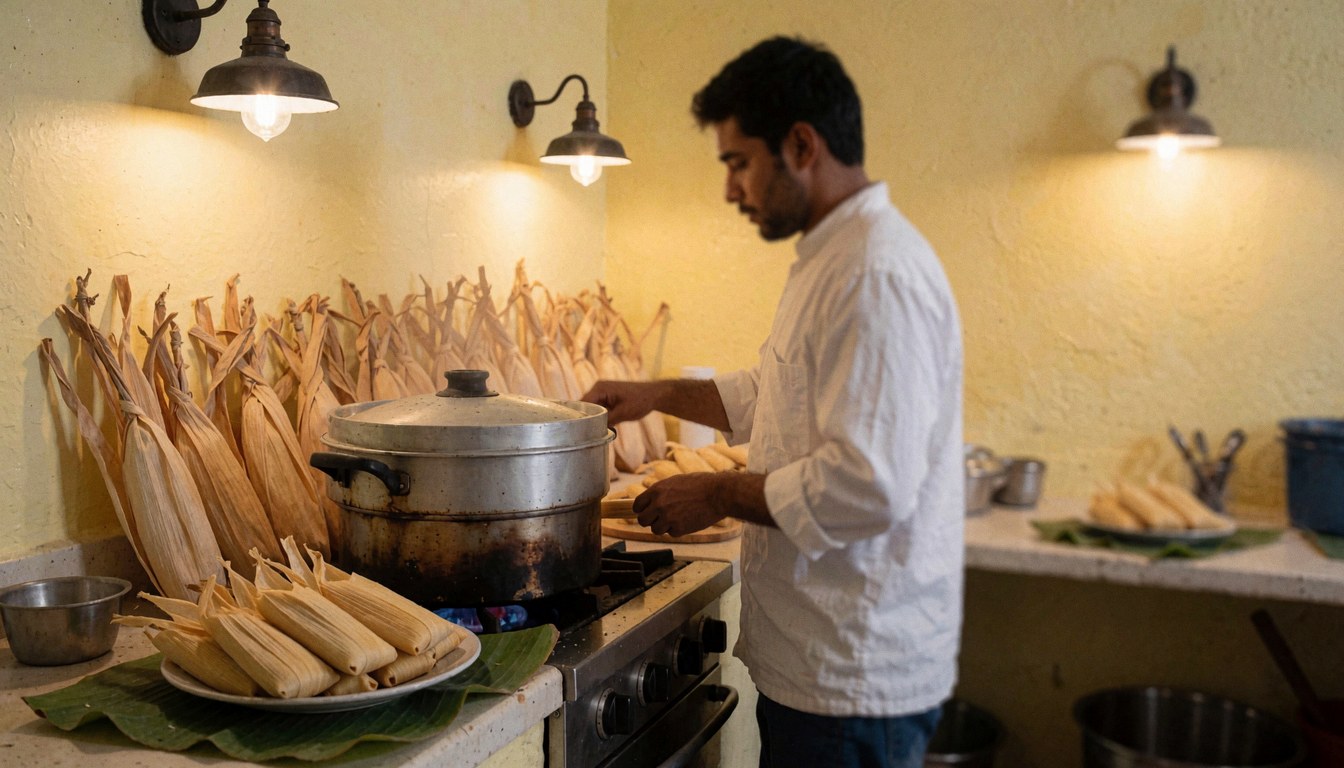 A chef prepares tamales in a traditional kitchen with yellow walls, a steamer pot, and dried corn cobs in the background.