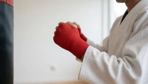 Close-up of a karate student's fist wrapped in red tape, ready to strike a black punching bag in a bright dojo.
