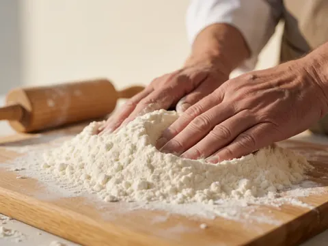 Close-up of baker hands kneading white flour on a wooden board with a rolling pin in the background against warm white walls
