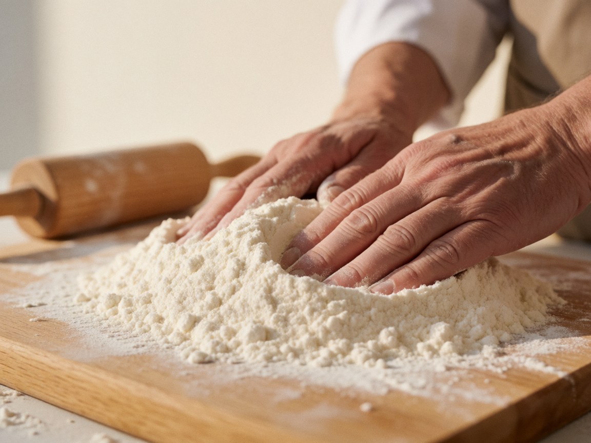 Close-up of baker hands kneading white flour on a wooden board with a rolling pin in the background against warm white walls