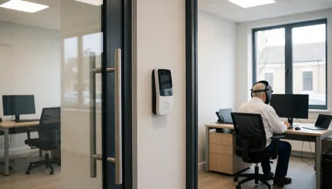 Wall-mounted biometric security panel next to a glass door in a modern office with a person working at a computer in the background